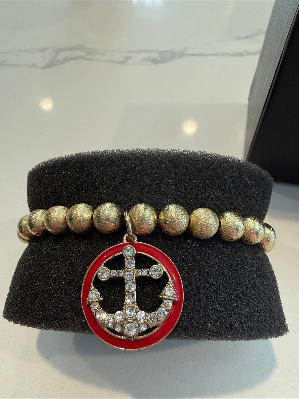 Heidi Daus “Anchor’s Away” Gold Bead Bracelet with Red Enamel & Anchor Charm